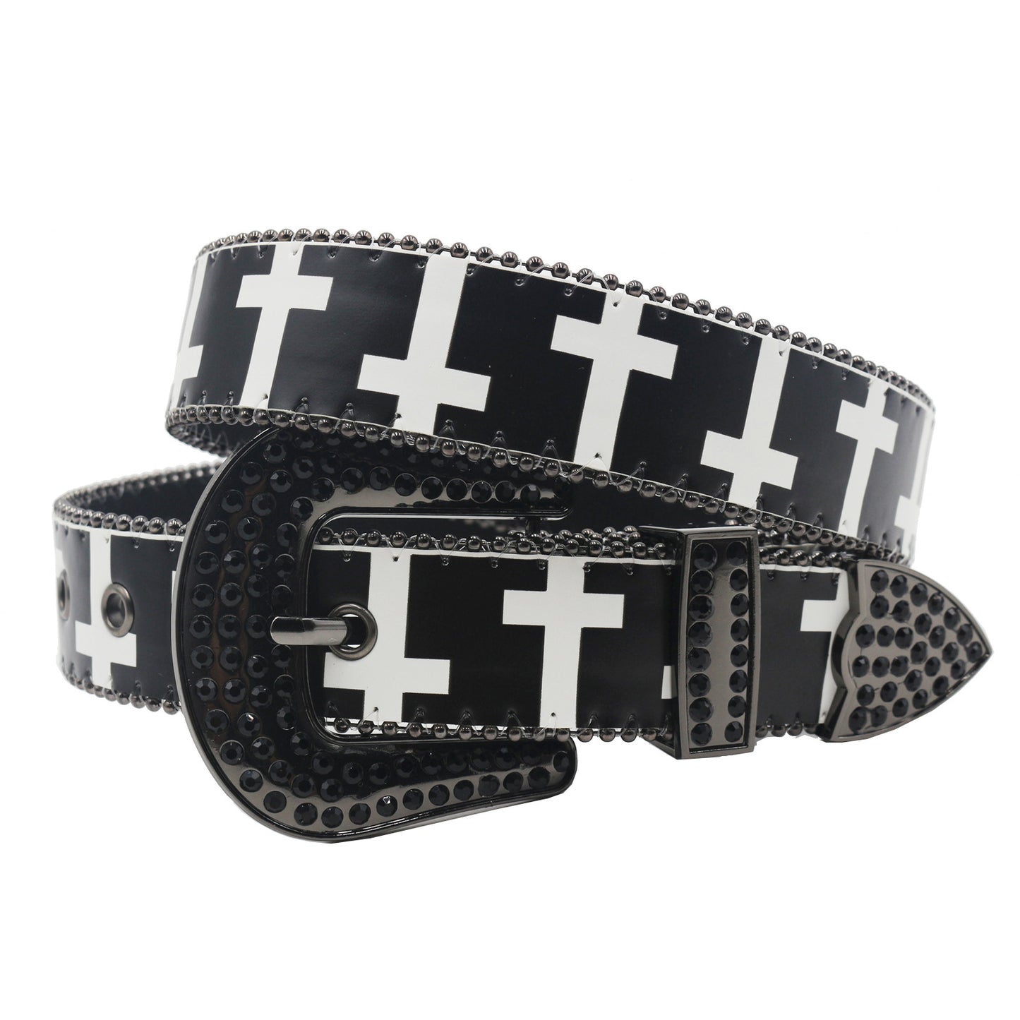 Y2K Rhinestone Cross PU Leather Belt – Black & White