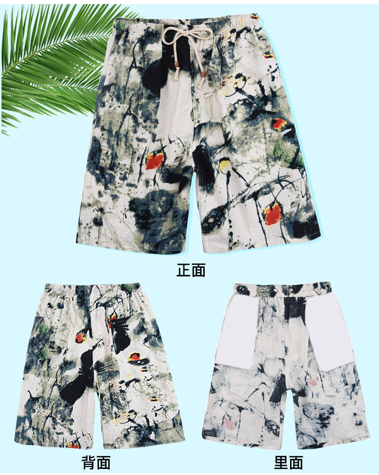 Men's Cotton Linen Printed Beach Shorts