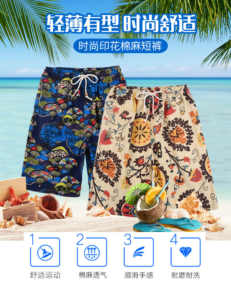 Men's Cotton Linen Printed Beach Shorts