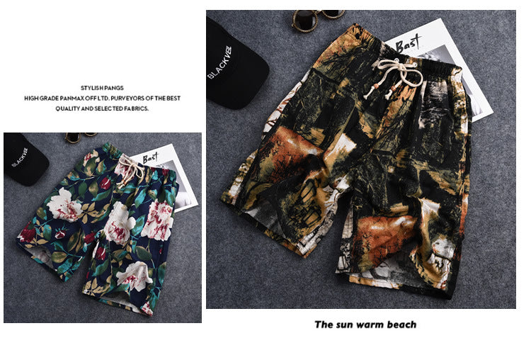 Men's Cotton Linen Printed Beach Shorts