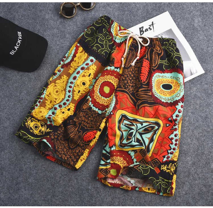 Men's Cotton Linen Printed Beach Shorts