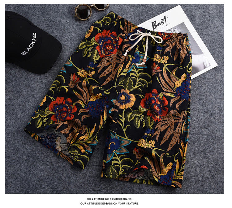Men's Cotton Linen Printed Beach Shorts