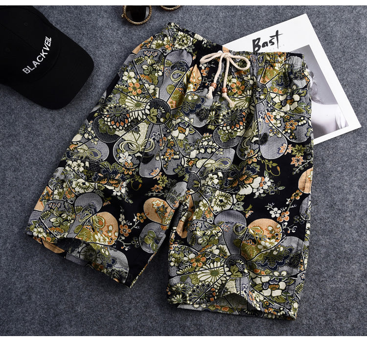 Men's Cotton Linen Printed Beach Shorts