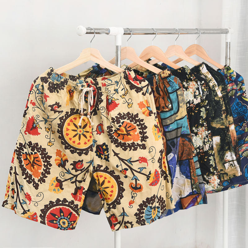 Men's Cotton Linen Printed Beach Shorts