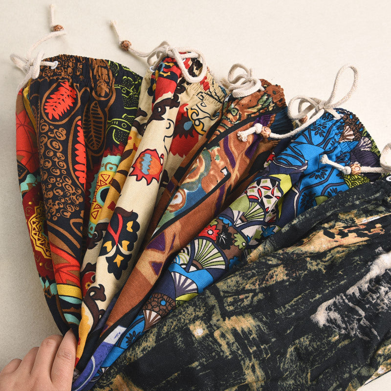 Men's Cotton Linen Printed Beach Shorts