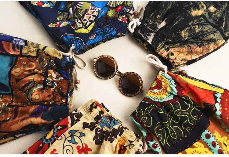 Men's Cotton Linen Printed Beach Shorts