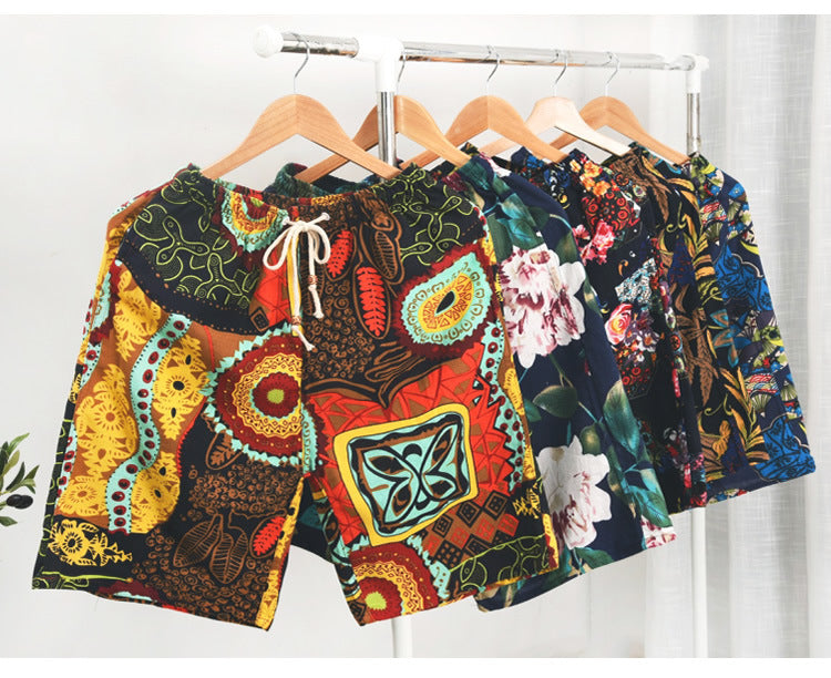Men's Cotton Linen Printed Beach Shorts