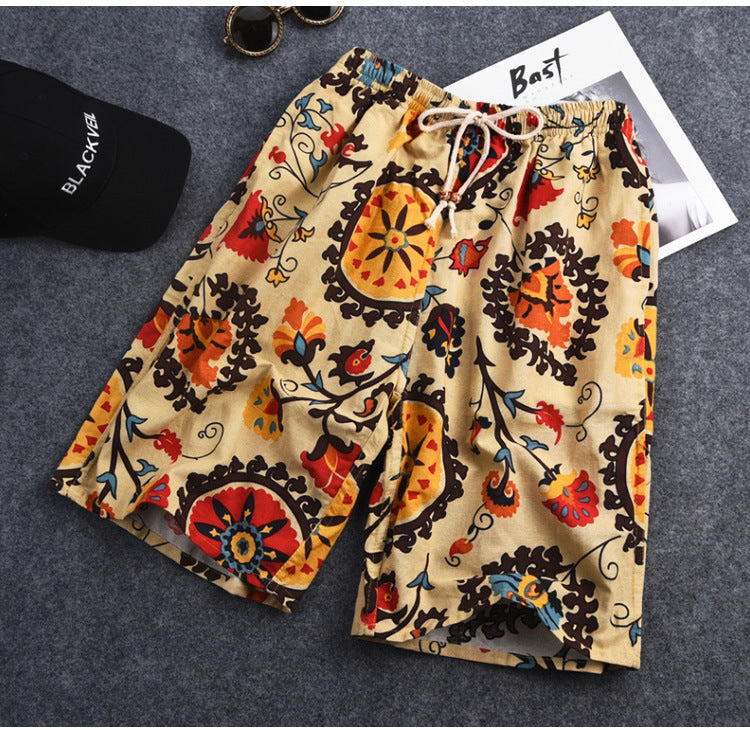 Men's Cotton Linen Printed Beach Shorts
