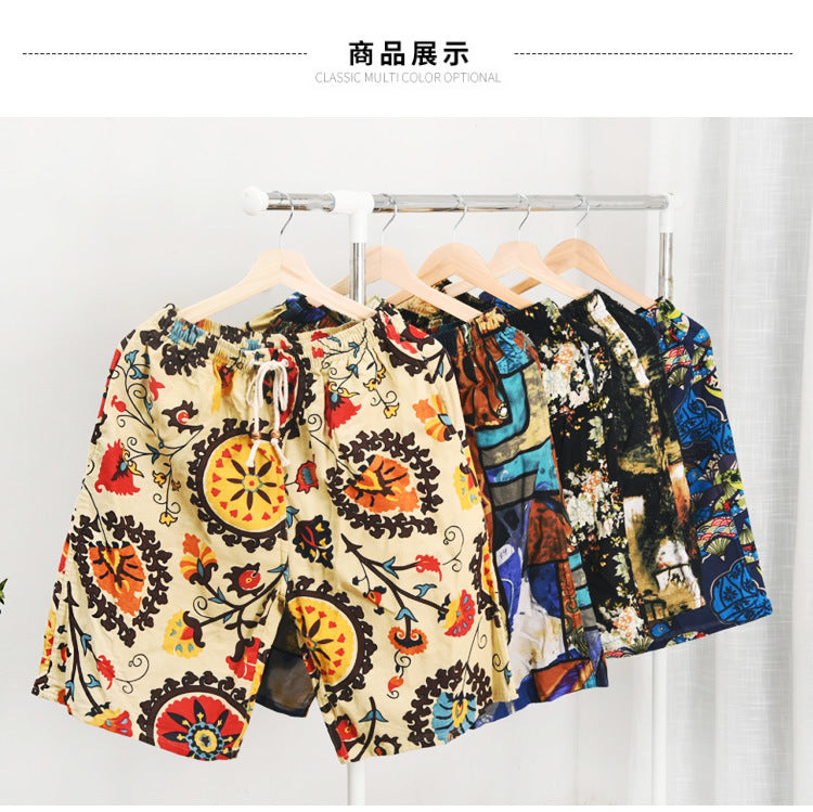 Men's Cotton Linen Printed Beach Shorts
