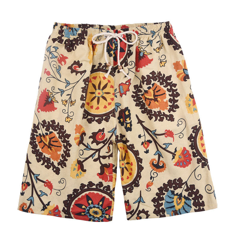 Men's Cotton Linen Printed Beach Shorts