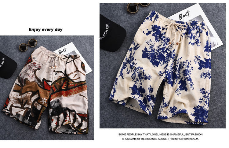 Men's Cotton Linen Printed Beach Shorts
