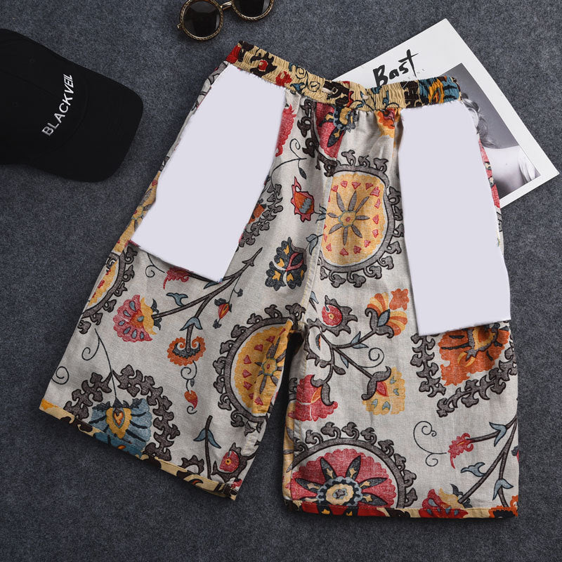 Men's Cotton Linen Printed Beach Shorts