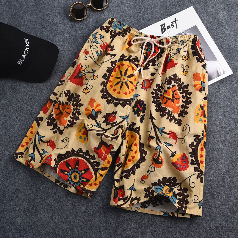 Men's Cotton Linen Printed Beach Shorts