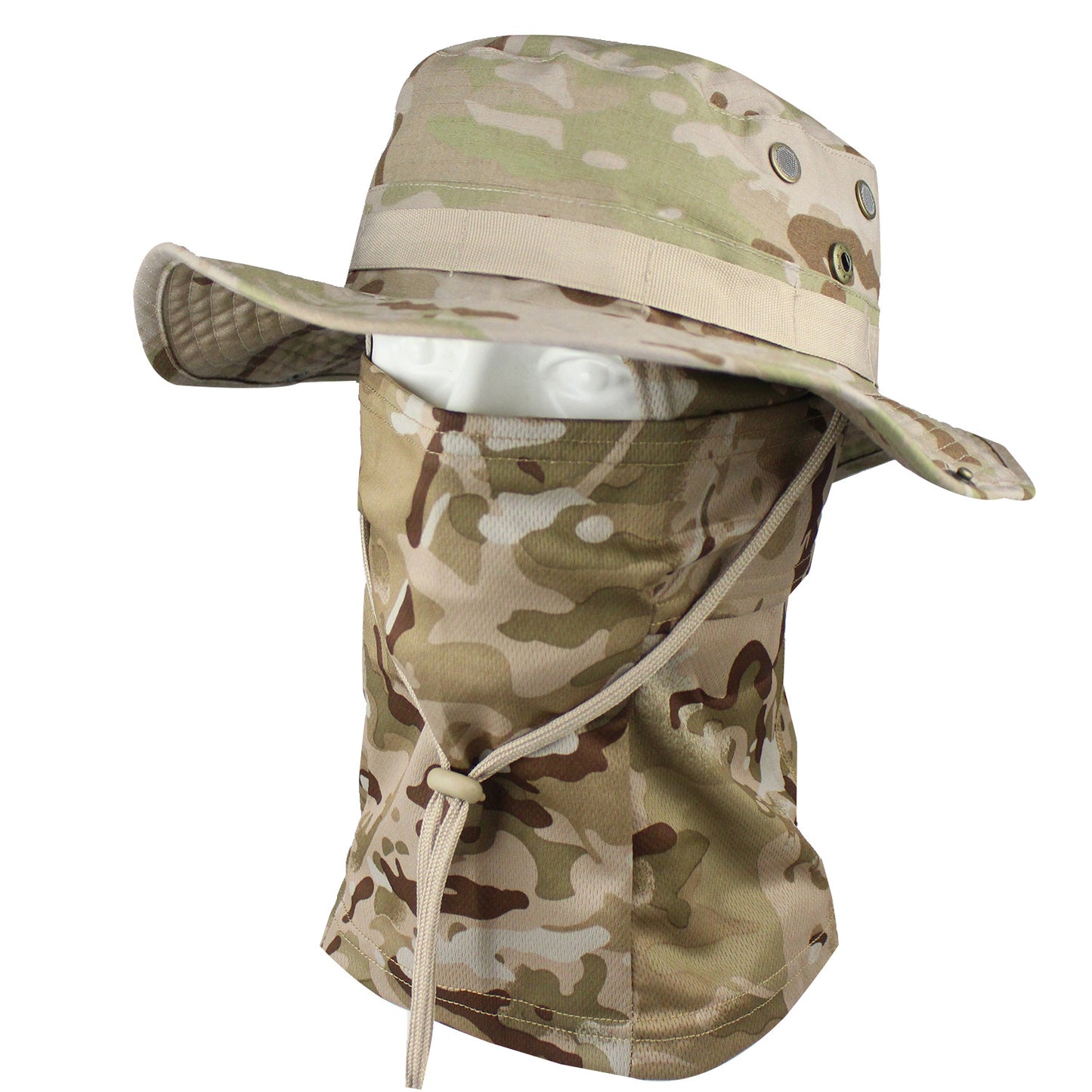 Camo Tactical Fisherman Hat  Mountaineering Training Sunshade Round Edge Hat Mask Two-piece Set