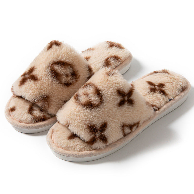 Open-Toe Faux Rabbit Fur Slippers – Women's Plush Slides