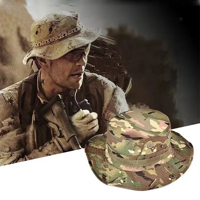 Camo Tactical Fisherman Hat  Mountaineering Training Sunshade Round Edge Hat Mask Two-piece Set