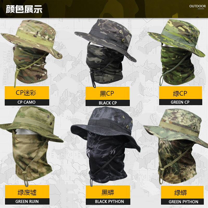 Camo Tactical Fisherman Hat  Mountaineering Training Sunshade Round Edge Hat Mask Two-piece Set