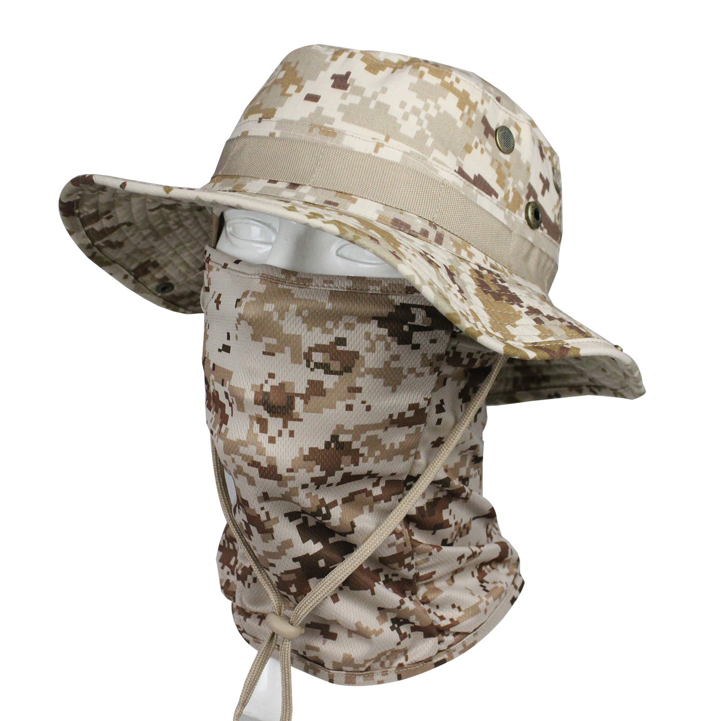 Camo Tactical Fisherman Hat  Mountaineering Training Sunshade Round Edge Hat Mask Two-piece Set