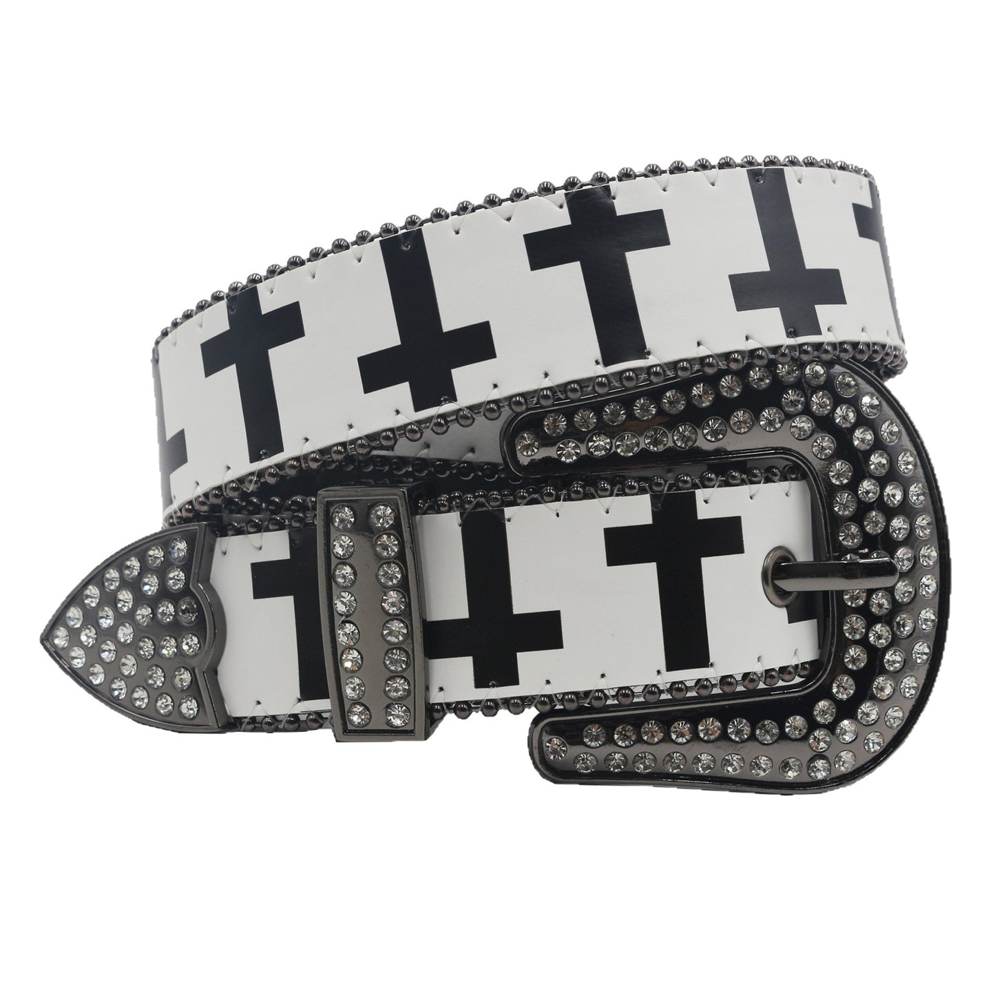 Y2K Rhinestone Cross PU Leather Belt – Black & White