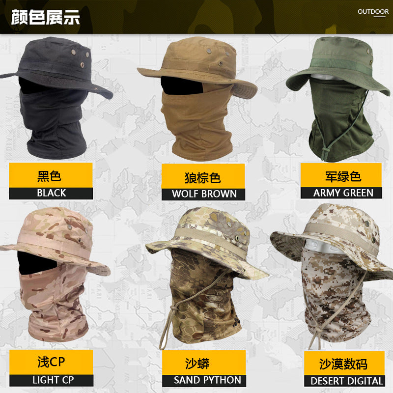 Camo Tactical Fisherman Hat  Mountaineering Training Sunshade Round Edge Hat Mask Two-piece Set