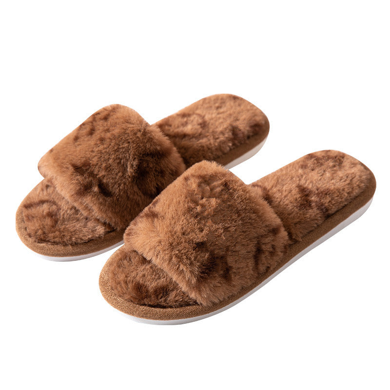 Open-Toe Faux Rabbit Fur Slippers – Women's Plush Slides