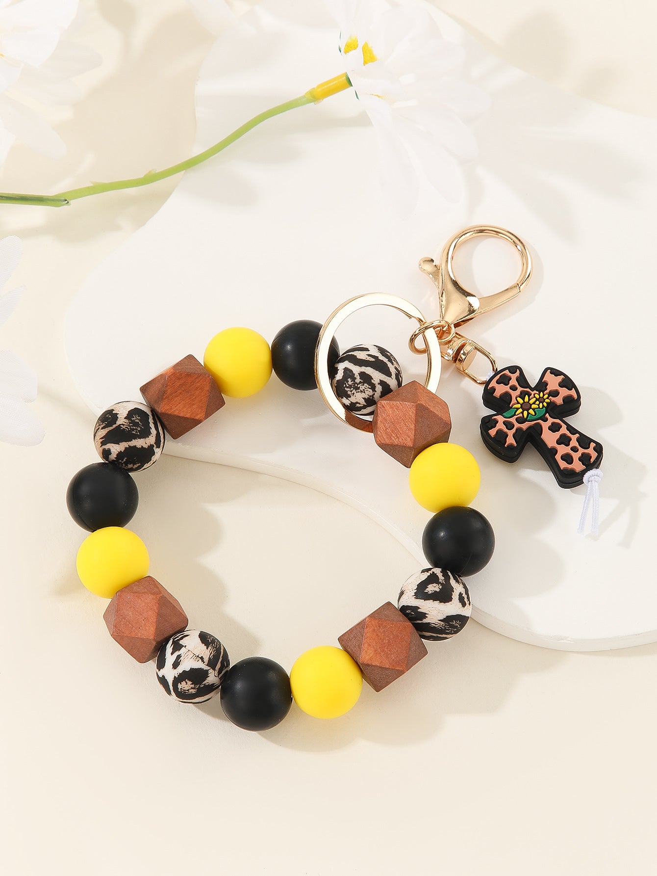 2025 Amazon New Printed Silicone Bead Bracelet Leopard Print Teacher's Day Bead Bracelet Pu Tassel Keychain