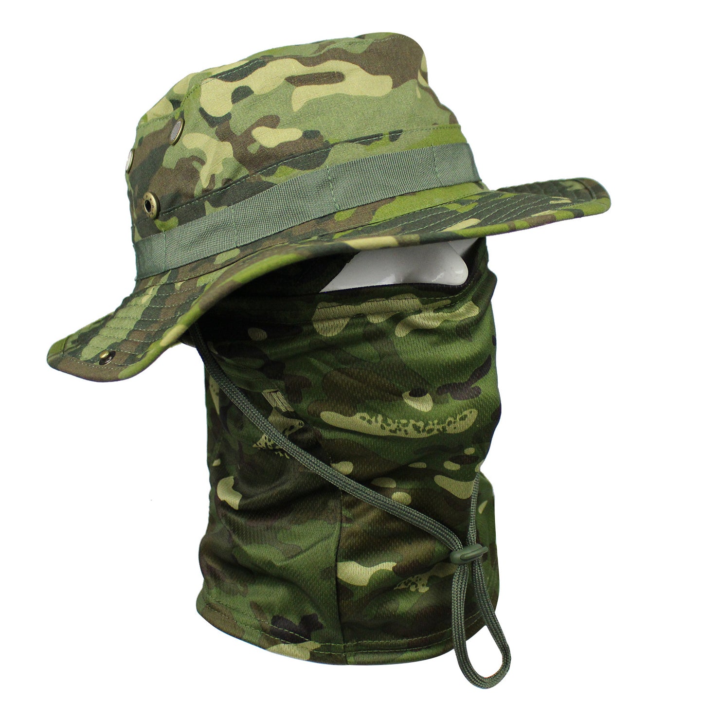 Camo Tactical Fisherman Hat  Mountaineering Training Sunshade Round Edge Hat Mask Two-piece Set