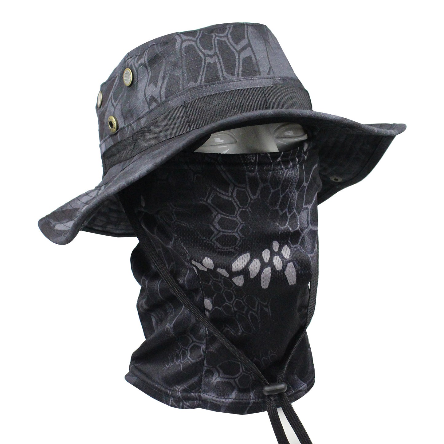 Camo Tactical Fisherman Hat  Mountaineering Training Sunshade Round Edge Hat Mask Two-piece Set