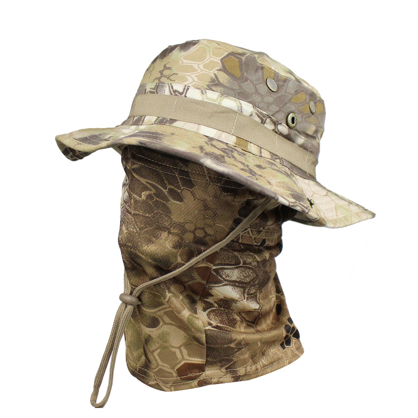 Camo Tactical Fisherman Hat  Mountaineering Training Sunshade Round Edge Hat Mask Two-piece Set