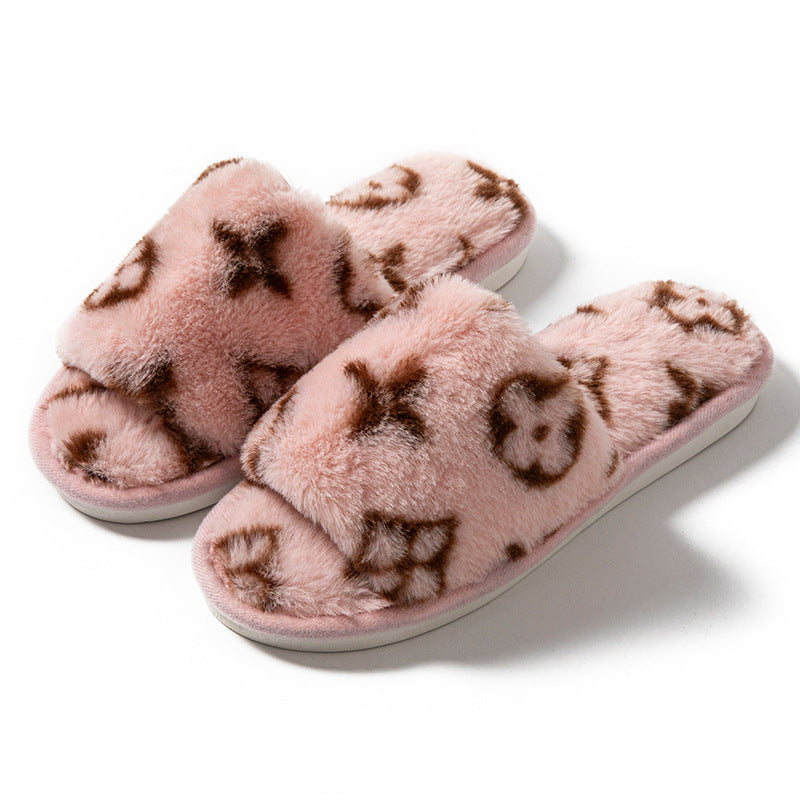 Open-Toe Faux Rabbit Fur Slippers – Women's Plush Slides