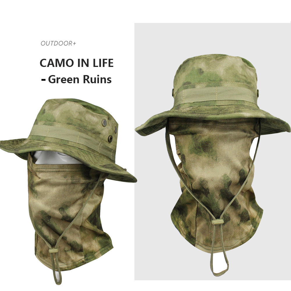 Camo Tactical Fisherman Hat  Mountaineering Training Sunshade Round Edge Hat Mask Two-piece Set