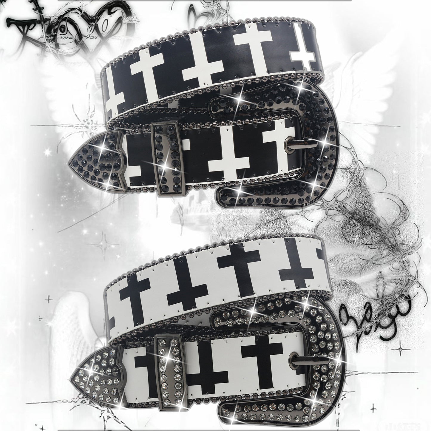 Y2K Rhinestone Cross PU Leather Belt – Black & White