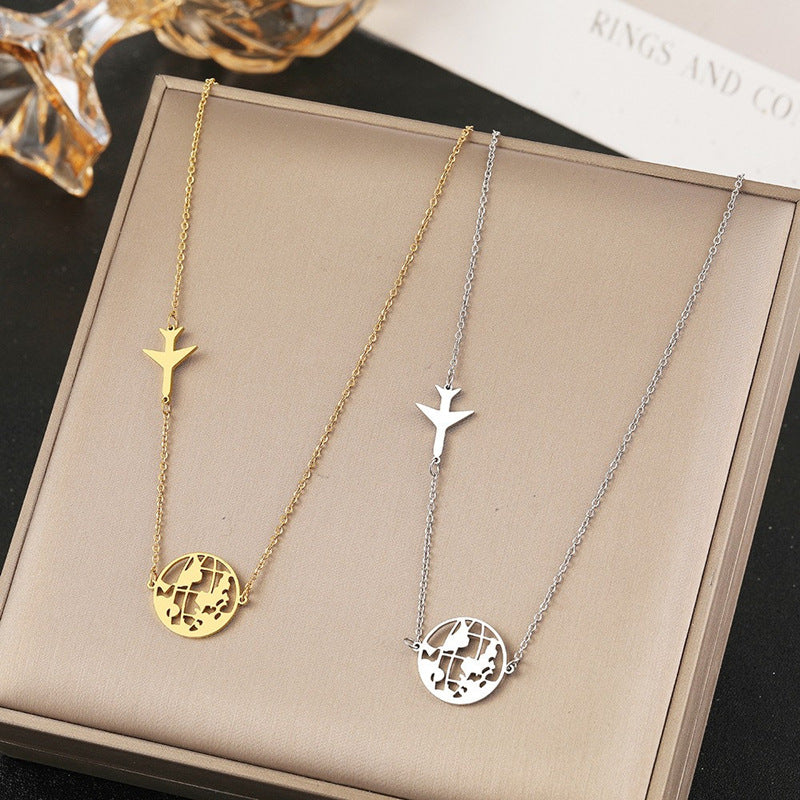 Airplane & World Map Pendant Necklace