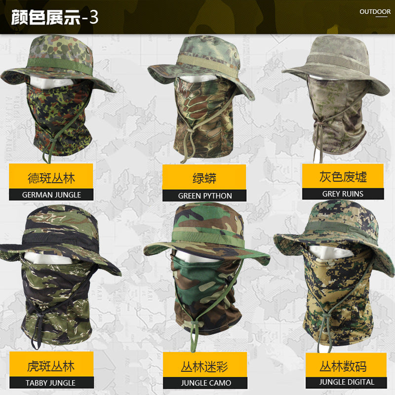 Camo Tactical Fisherman Hat  Mountaineering Training Sunshade Round Edge Hat Mask Two-piece Set