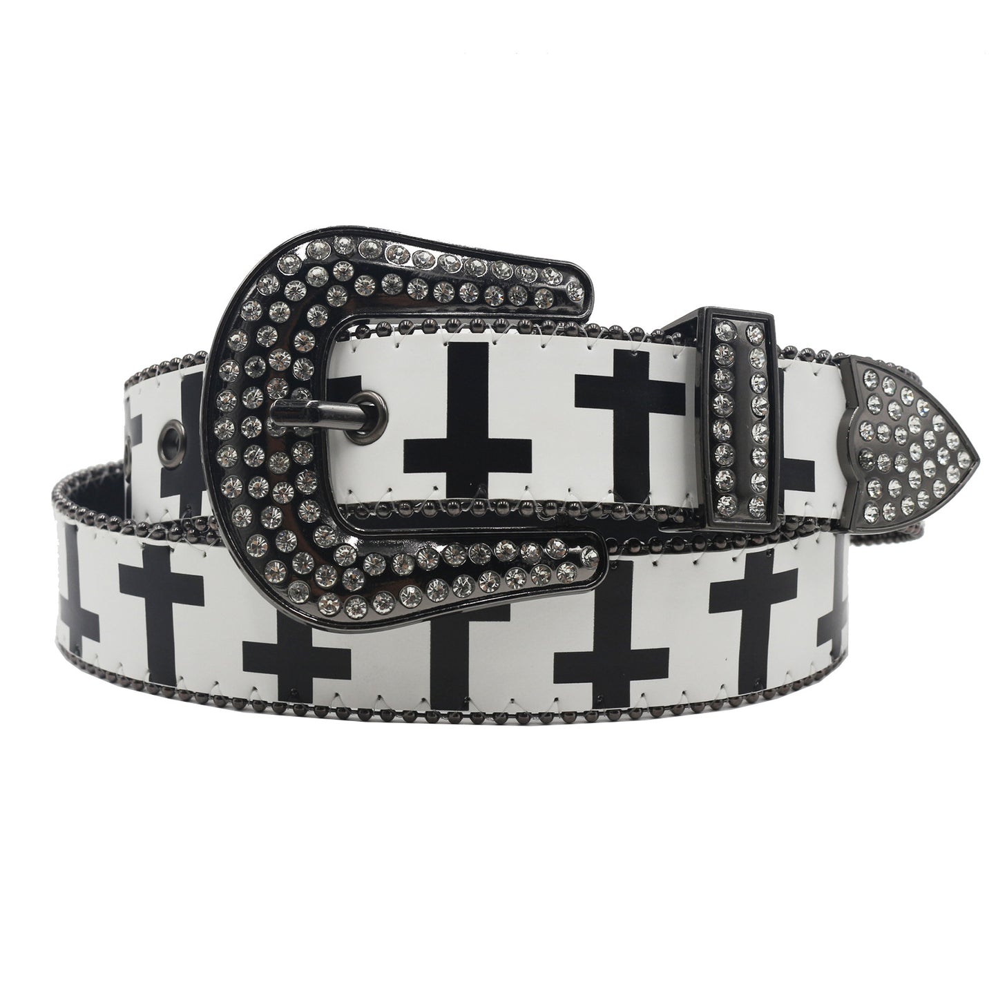 Y2K Rhinestone Cross PU Leather Belt – Black & White