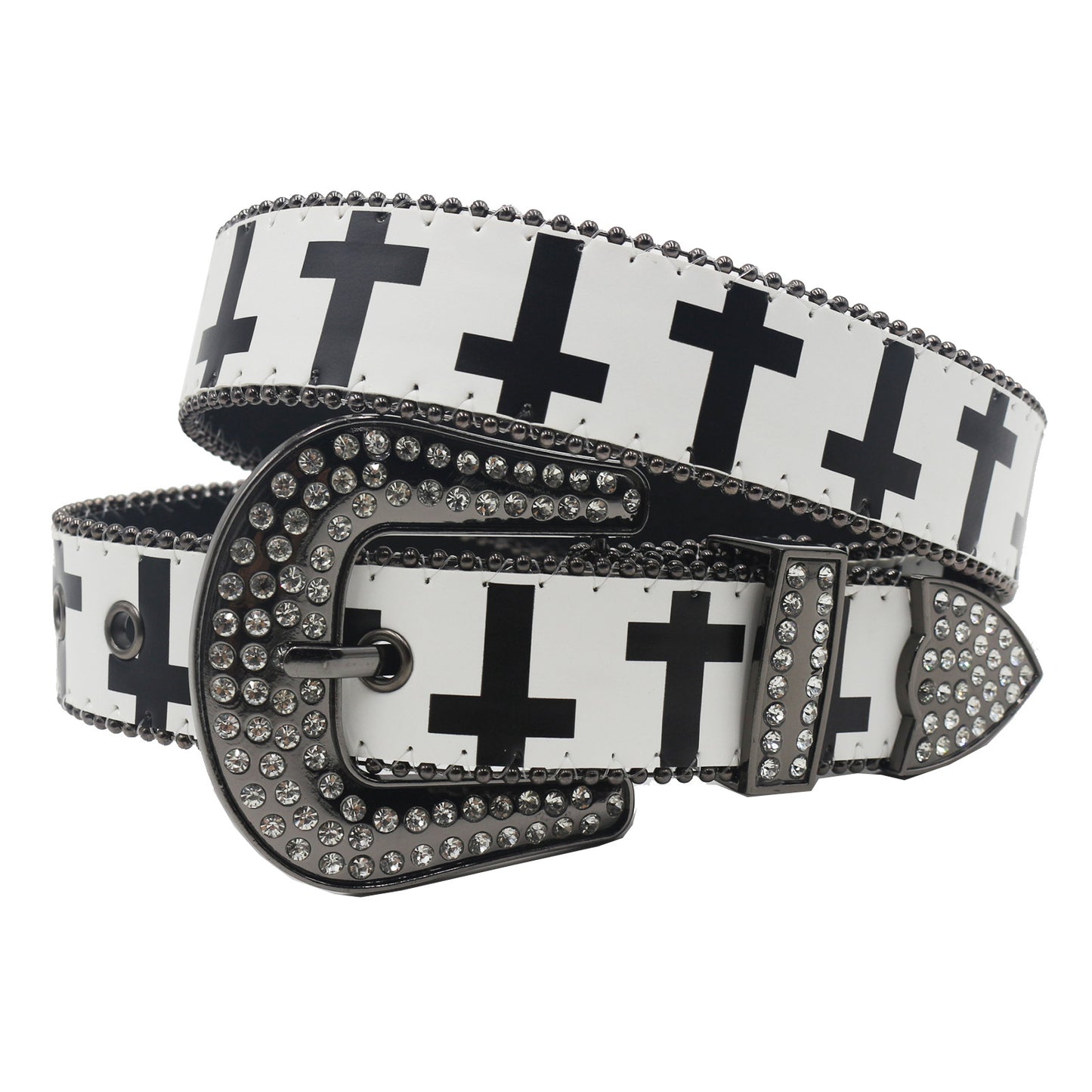 Y2K Rhinestone Cross PU Leather Belt – Black & White