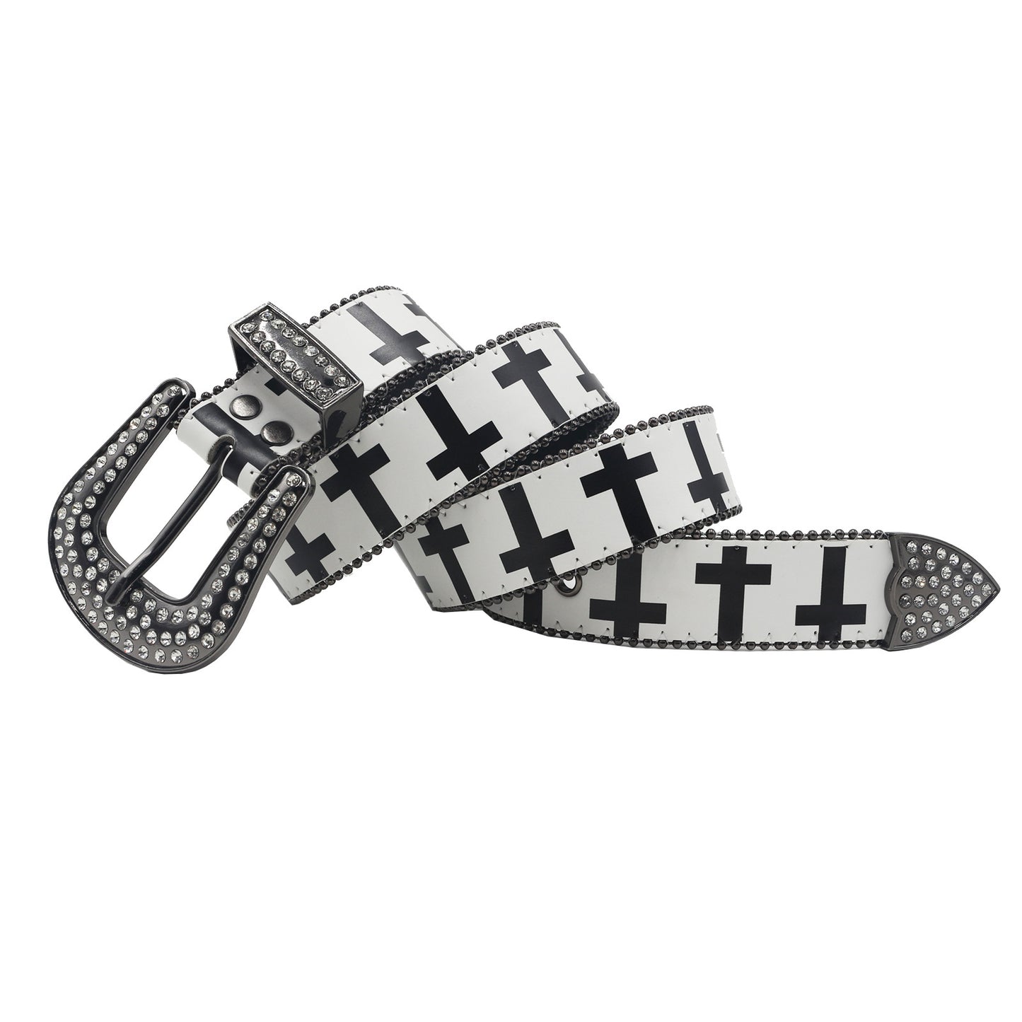 Y2K Rhinestone Cross PU Leather Belt – Black & White