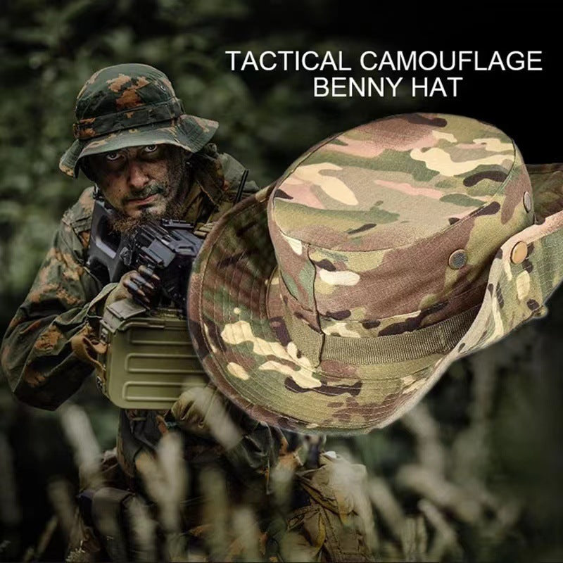 Camo Tactical Fisherman Hat  Mountaineering Training Sunshade Round Edge Hat Mask Two-piece Set