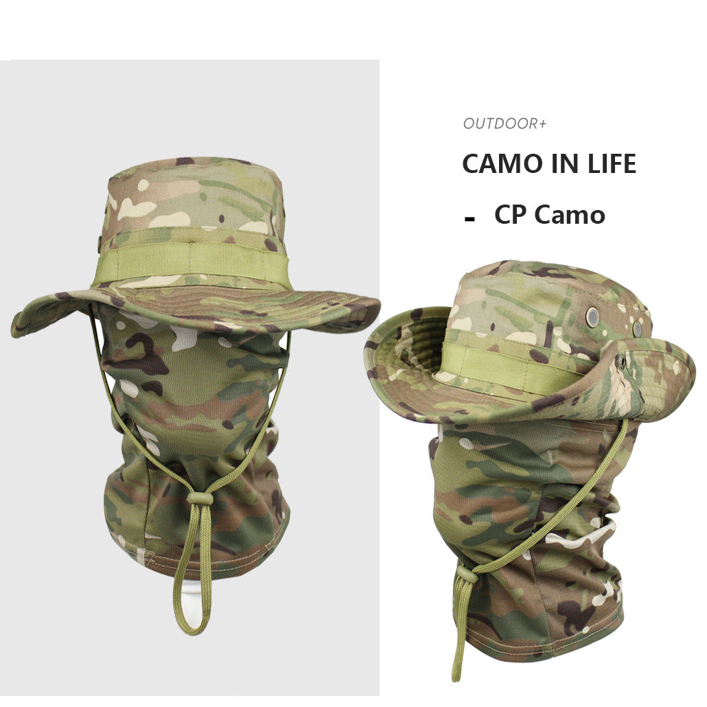 Camo Tactical Fisherman Hat  Mountaineering Training Sunshade Round Edge Hat Mask Two-piece Set