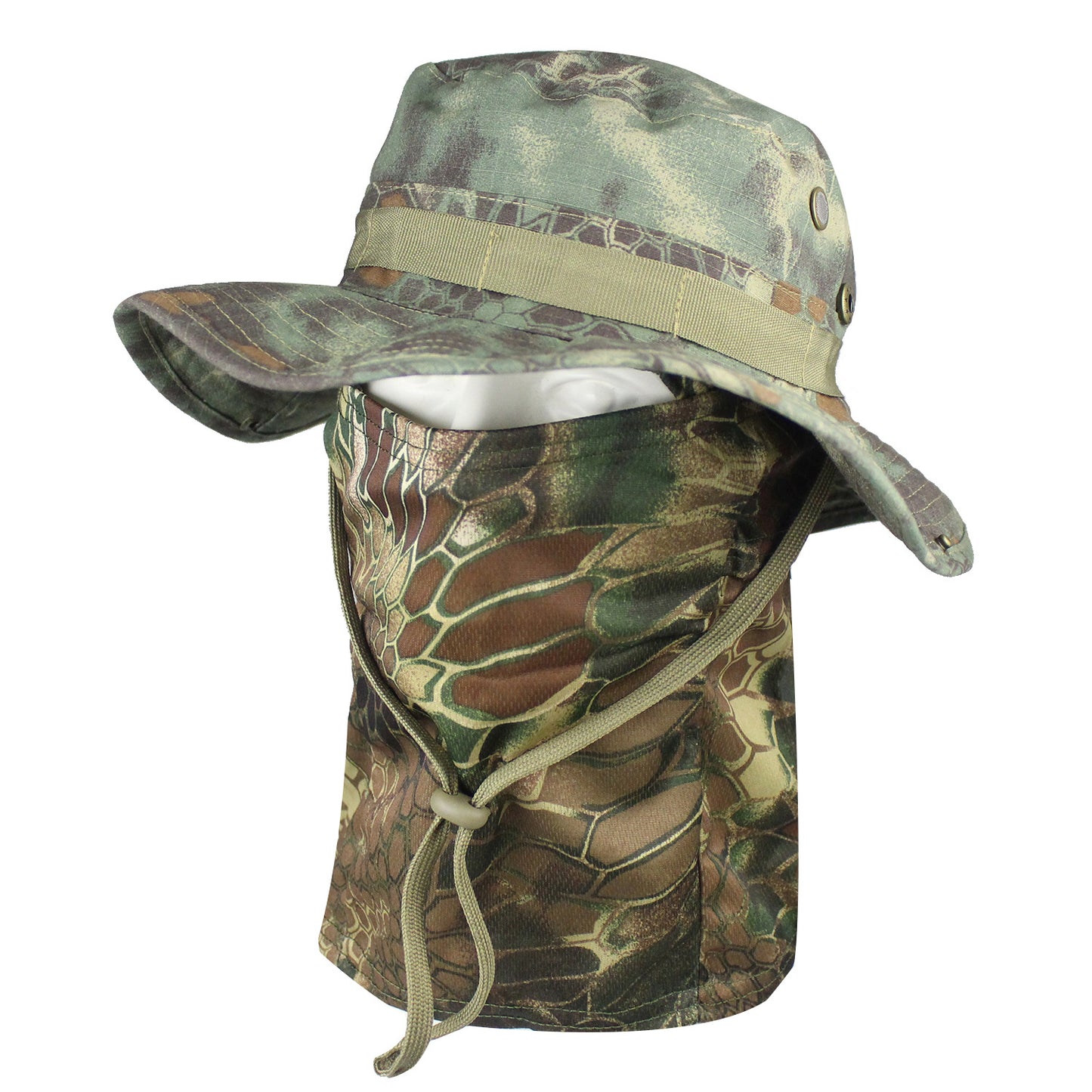 Camo Tactical Fisherman Hat  Mountaineering Training Sunshade Round Edge Hat Mask Two-piece Set