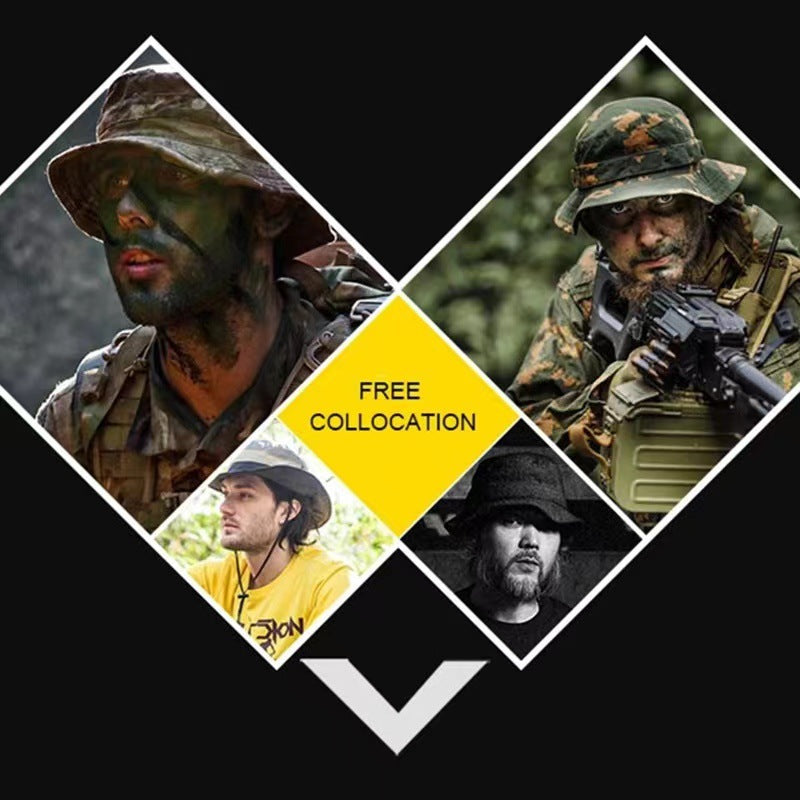 Camo Tactical Fisherman Hat  Mountaineering Training Sunshade Round Edge Hat Mask Two-piece Set