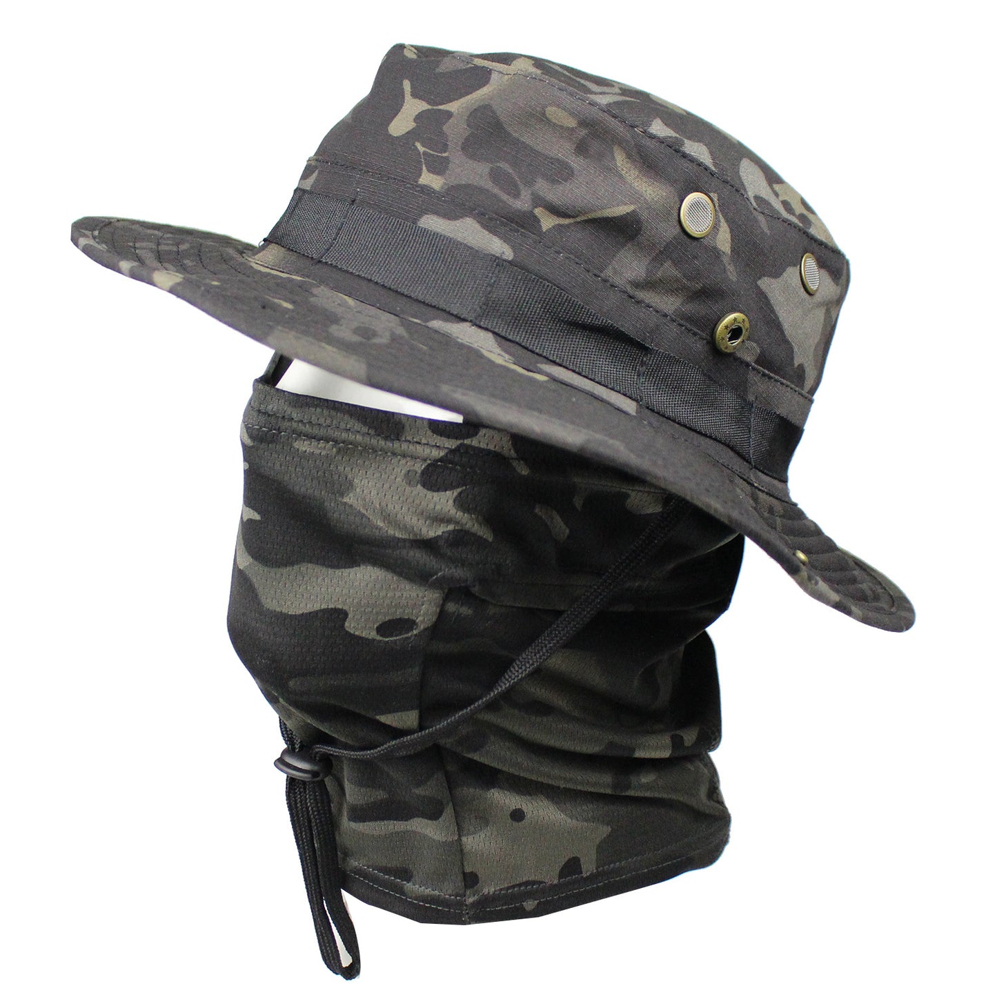 Camo Tactical Fisherman Hat  Mountaineering Training Sunshade Round Edge Hat Mask Two-piece Set