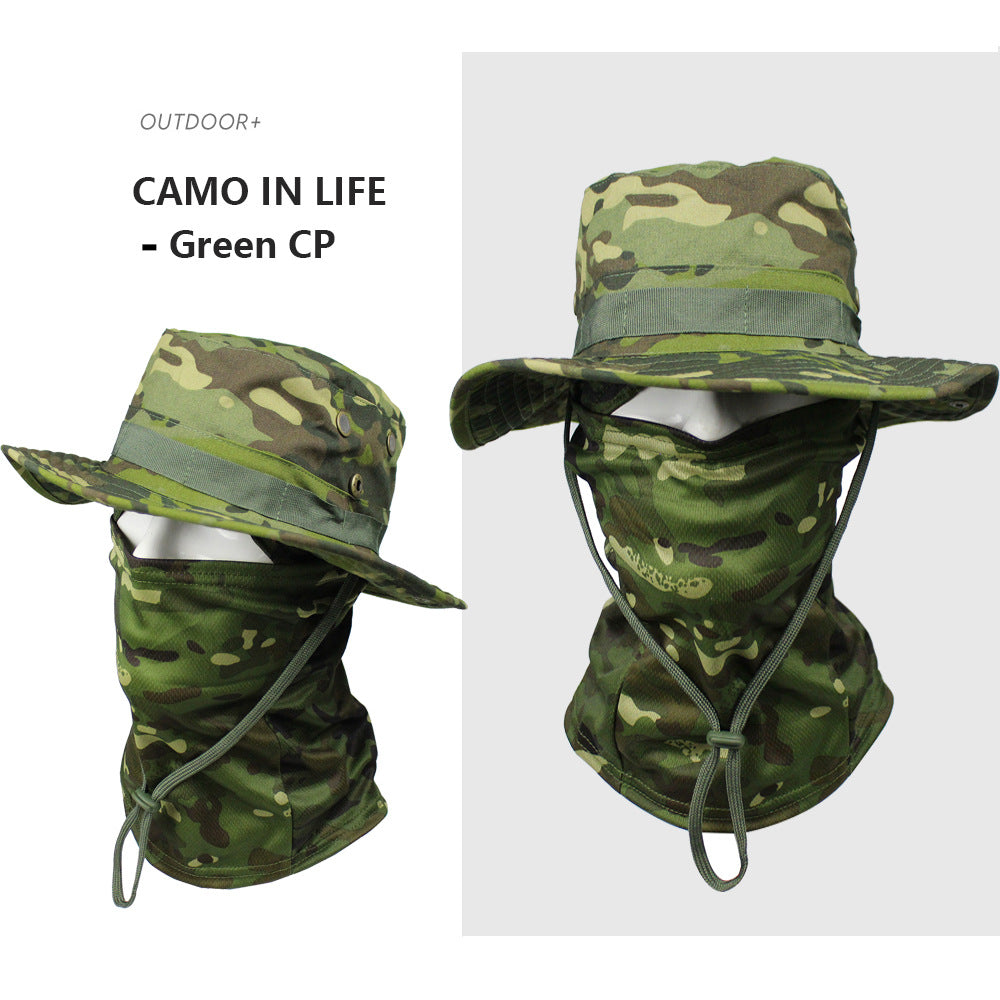 Camo Tactical Fisherman Hat  Mountaineering Training Sunshade Round Edge Hat Mask Two-piece Set