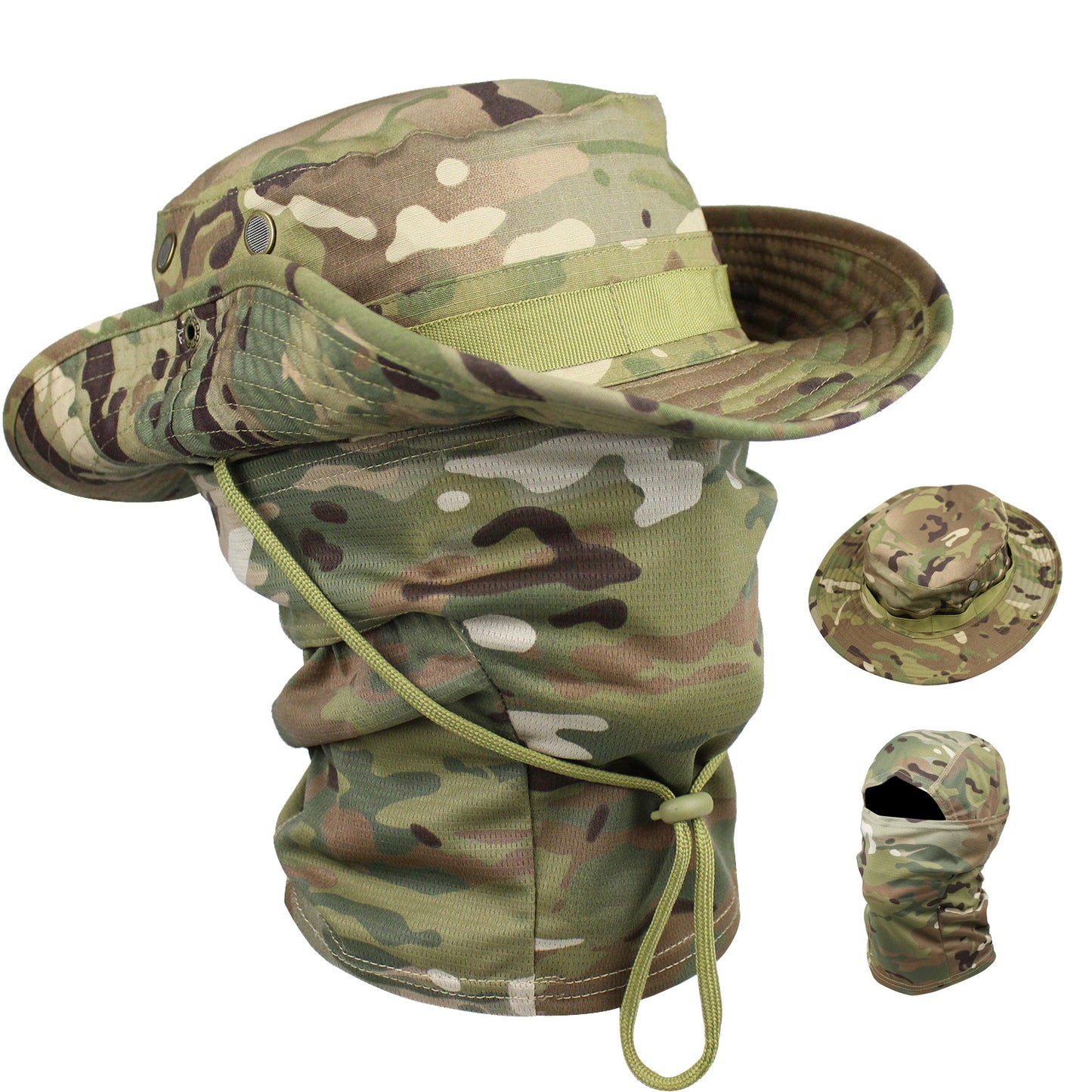 Camo Tactical Fisherman Hat  Mountaineering Training Sunshade Round Edge Hat Mask Two-piece Set