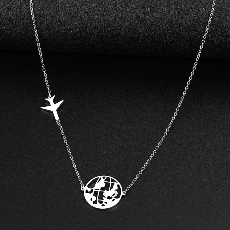 Airplane & World Map Pendant Necklace