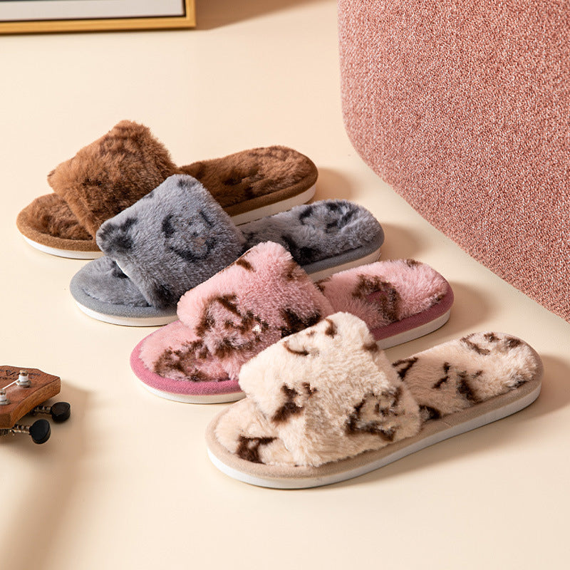 Open-Toe Faux Rabbit Fur Slippers – Women's Plush Slides